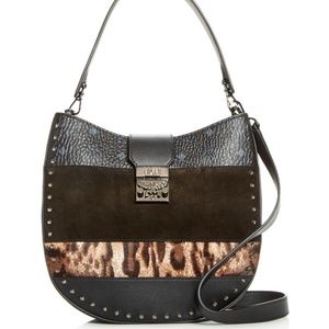 New MCM Patricia Leopard Mixed Media Handbag Hobo